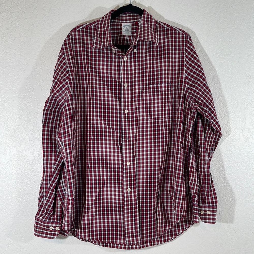 BROOKS BROTHERS REGENT Long Sleeve Button Shirt Red Black Plaid Cotton Sz Large